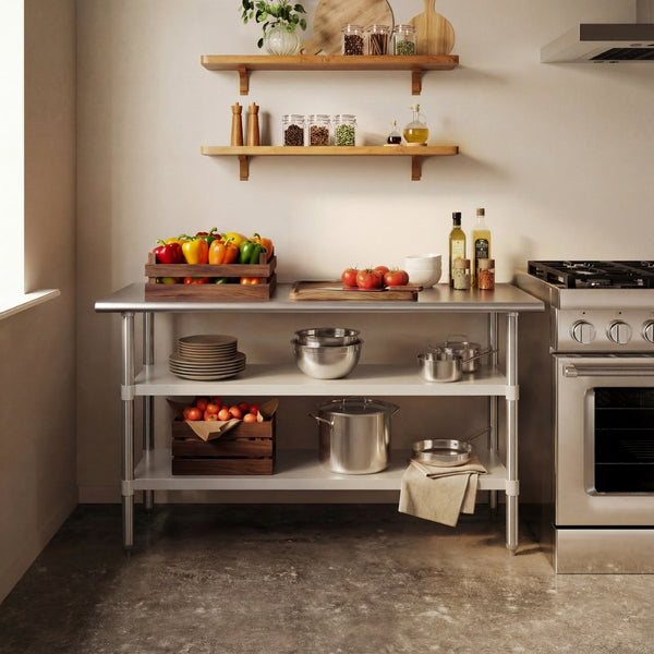 English Elm Randolph Stainless Steel Work Table - Durable 60" Prep Surface with 2 Adjustable Undershelves, NSF-Certified NH-WT-GU-2460-GG