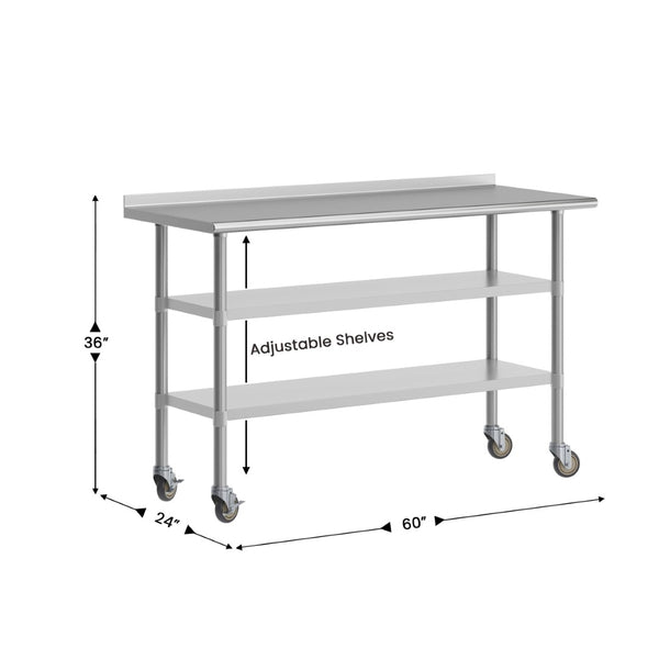 English Elm Reese NSF Certified Stainless Steel Prep Table 24"x60" with Mobile Casters for Easy Workflow NH-WT-GU-2460BSP-CAS-GG