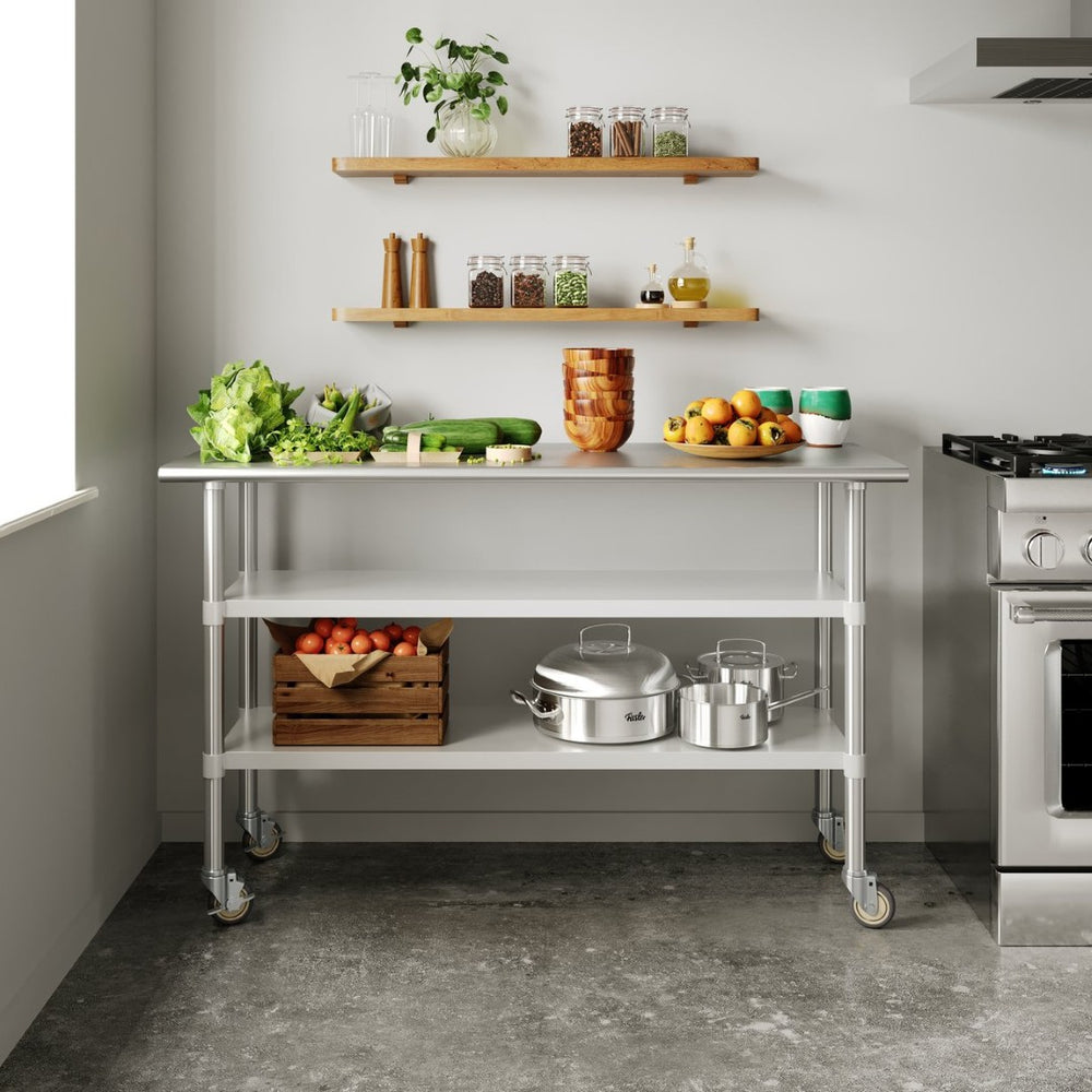 English Elm Reese NSF Certified Stainless Steel Prep Table 24"x60" with Mobile Casters for Easy Workflow NH-WT-GU-2460BSP-CAS-GG