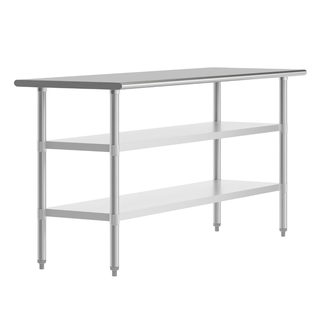 English Elm Reese Heavy-Duty Portable Prep Table with Adjustable Undershelves for Versatile Workspace Solutions Stainless Steel 72"W x 24"D x 34.5"H NH-WT-GU-2472-GG