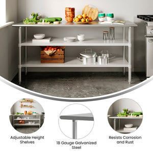 English Elm Reese Heavy-Duty Portable Prep Table with Adjustable Undershelves for Versatile Workspace Solutions Stainless Steel 72"W x 24"D x 34.5"H NH-WT-GU-2472-GG