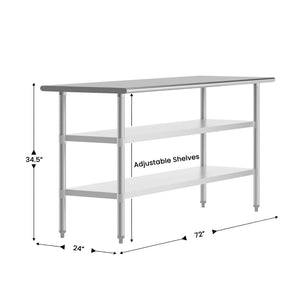 English Elm Reese Heavy-Duty Portable Prep Table with Adjustable Undershelves for Versatile Workspace Solutions Stainless Steel 72"W x 24"D x 34.5"H NH-WT-GU-2472-GG