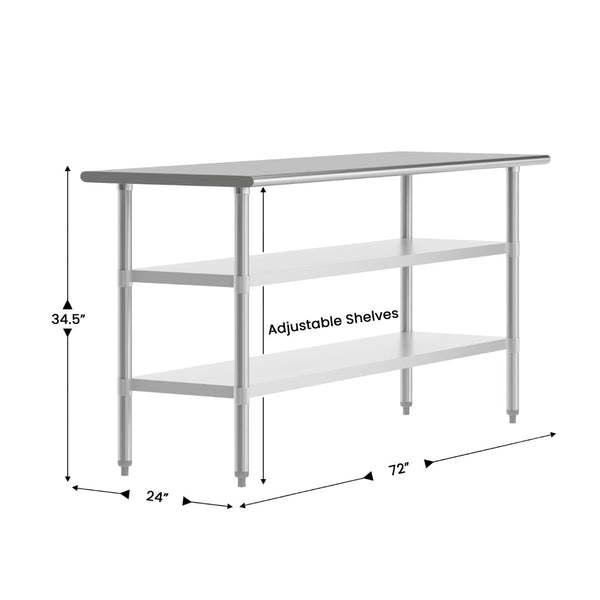 English Elm Reese Heavy-Duty Portable Prep Table with Adjustable Undershelves for Versatile Workspace Solutions Stainless Steel 72"W x 24"D x 34.5"H NH-WT-GU-2472-GG