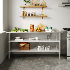 English Elm Reese Heavy-Duty Portable Prep Table with Adjustable Undershelves for Versatile Workspace Solutions Stainless Steel 72"W x 24"D x 34.5"H NH-WT-GU-2472-GG