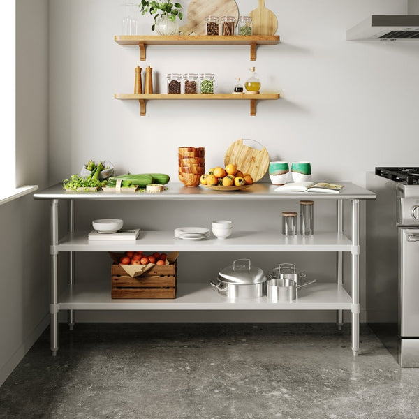 English Elm Reese Heavy-Duty Portable Prep Table with Adjustable Undershelves for Versatile Workspace Solutions Stainless Steel 72"W x 24"D x 34.5"H NH-WT-GU-2472-GG