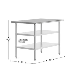 English Elm Reese Heavy-Duty Portable Prep Table with Adjustable Undershelves for Versatile Workspace Solutions Stainless Steel 48"W x 30"D x 34.5"H NH-WT-GU-3048-GG