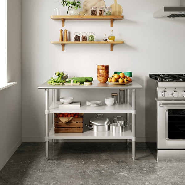 English Elm Reese Heavy-Duty Portable Prep Table with Adjustable Undershelves for Versatile Workspace Solutions Stainless Steel 48"W x 30"D x 34.5"H NH-WT-GU-3048-GG