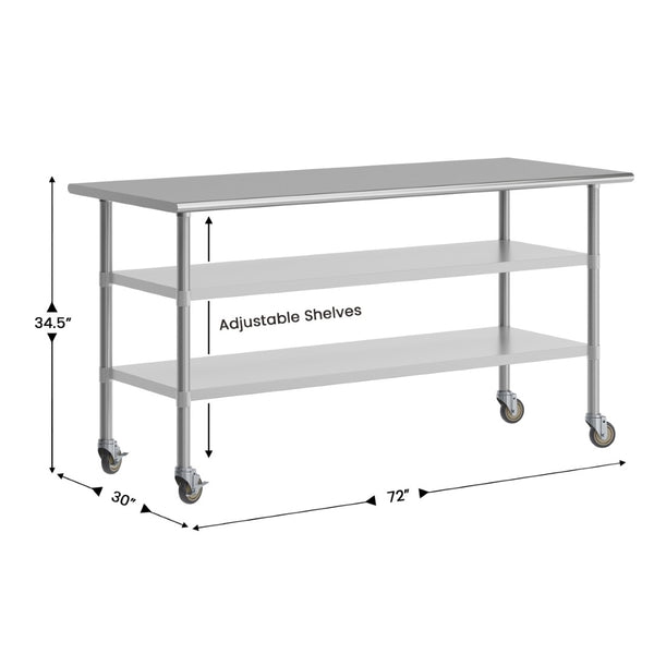English Elm Reader NSF Certified Heavy-Duty Stainless Steel Prep Table 30"x72" with Mobility, Storage & Safety Features NH-WT-GU-3072-CAS-GG