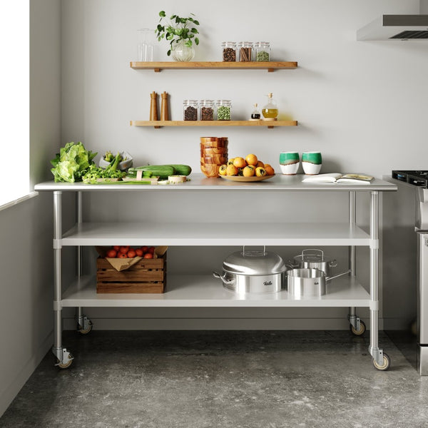 English Elm Reader NSF Certified Heavy-Duty Stainless Steel Prep Table 30"x72" with Mobility, Storage & Safety Features NH-WT-GU-3072-CAS-GG