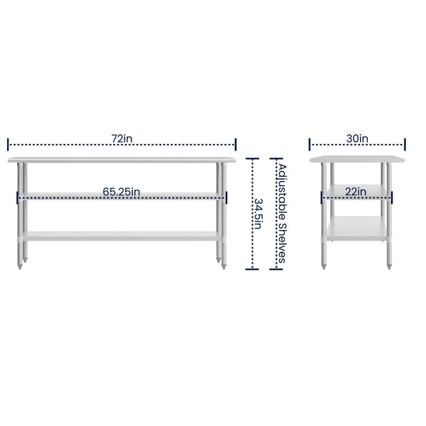 English Elm Ravenel 72" Stainless Steel Work Table - NSF Certified, 2 Adjustable Undershelves for Versatile Use NH-WT-GU-3072-GG