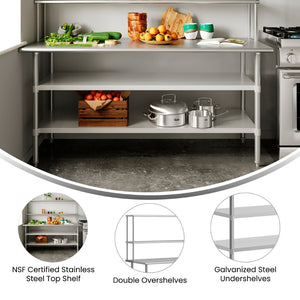 English Elm Reader Heavy-Duty Commercial Prep Table with Stainless Steel Top, Double Shelves & Locking Casters NH-WT-GU-3072-OSH-GG