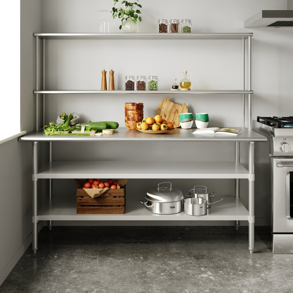 English Elm Reader Heavy-Duty Commercial Prep Table with Stainless Steel Top, Double Shelves & Locking Casters NH-WT-GU-3072-OSH-GG