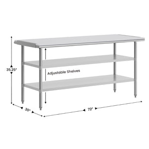 English Elm Reader NSF-Certified Stainless Steel Prep Table with Poly Cutting Board & Dual Galvanized Shelves NH-WT-GU-3072-POLYTOP-GG