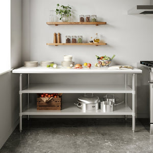 English Elm Reader NSF-Certified Stainless Steel Prep Table with Poly Cutting Board & Dual Galvanized Shelves NH-WT-GU-3072-POLYTOP-GG