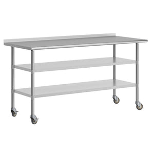 English Elm Reader NSF Certified Stainless Steel Prep Table 30"x72" with Backsplash, Locking Casters & Shelves NH-WT-GU-3072BSP-CAS-GG