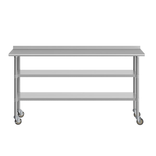English Elm Reader NSF Certified Stainless Steel Prep Table 30"x72" with Backsplash, Locking Casters & Shelves NH-WT-GU-3072BSP-CAS-GG