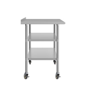 English Elm Reader NSF Certified Stainless Steel Prep Table 30"x72" with Backsplash, Locking Casters & Shelves NH-WT-GU-3072BSP-CAS-GG