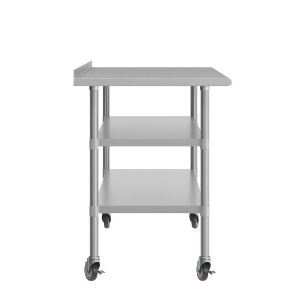 English Elm Reader NSF Certified Stainless Steel Prep Table 30"x72" with Backsplash, Locking Casters & Shelves NH-WT-GU-3072BSP-CAS-GG