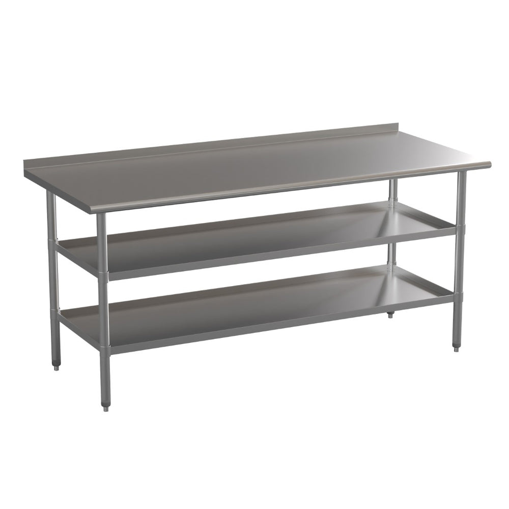 English Elm Ravenel Stainless Steel Work Table - 72"W x 30"D, NSF Certified, 1.5" Backsplash, Adjustable Undershelves NH-WT-GU-3072BSP-GG