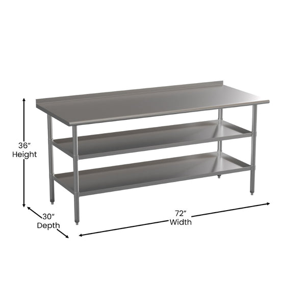 English Elm Ravenel Stainless Steel Work Table - 72"W x 30"D, NSF Certified, 1.5" Backsplash, Adjustable Undershelves NH-WT-GU-3072BSP-GG
