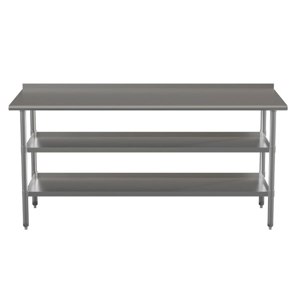 English Elm Ravenel Stainless Steel Work Table - 72"W x 30"D, NSF Certified, 1.5" Backsplash, Adjustable Undershelves NH-WT-GU-3072BSP-GG