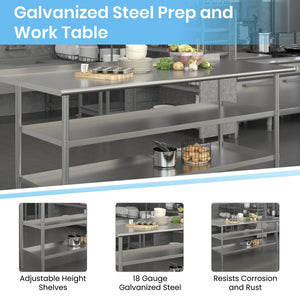 English Elm Ravenel Stainless Steel Work Table - 72"W x 30"D, NSF Certified, 1.5" Backsplash, Adjustable Undershelves NH-WT-GU-3072BSP-GG