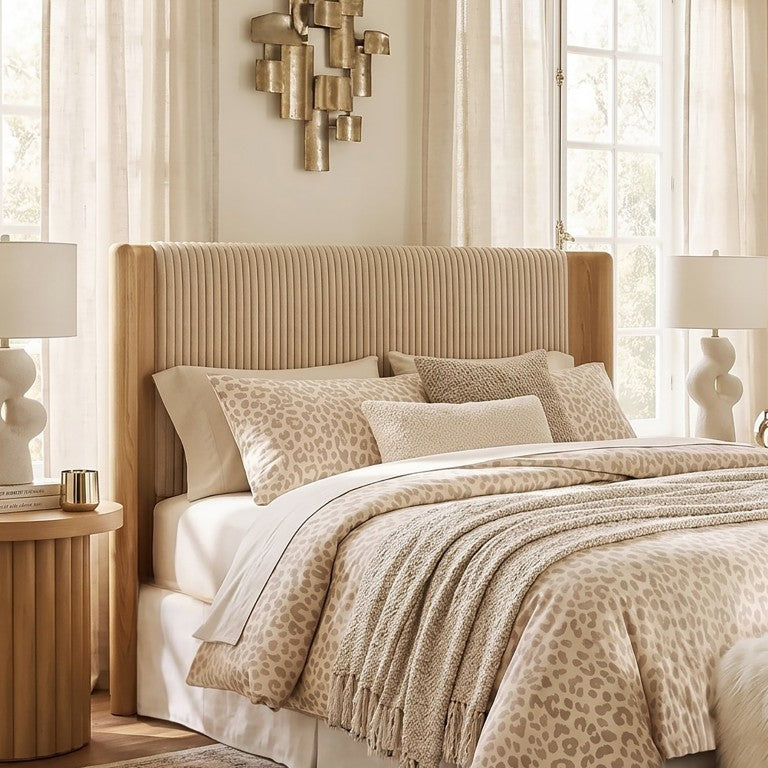 JLA Home Solene Vertical Channel Tufted Upholstered Headboard with Natural Wood Legs Full Queen NM116-0027