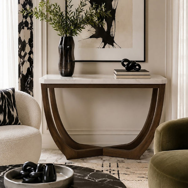 JLA Home Calvedra Sculptural Console Table with Stone-Look Surface and Curved Walnut Legs NM120-0035