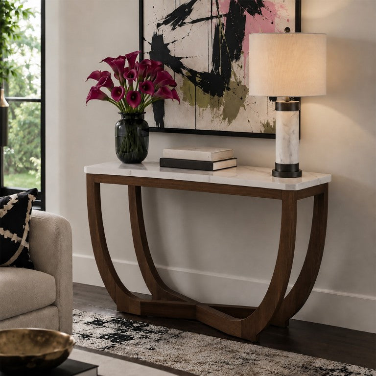 JLA Home Calvedra Sculptural Console Table with Stone-Look Surface and Curved Walnut Legs NM120-0035