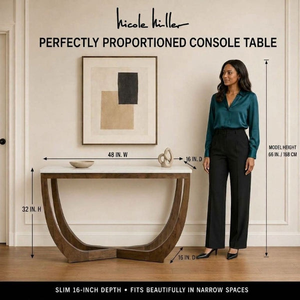 JLA Home Calvedra Sculptural Console Table with Stone-Look Surface and Curved Walnut Legs NM120-0035