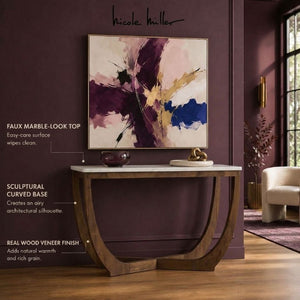 JLA Home Calvedra Sculptural Console Table with Stone-Look Surface and Curved Walnut Legs NM120-0035