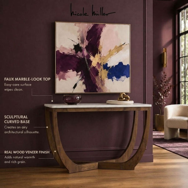 JLA Home Calvedra Sculptural Console Table with Stone-Look Surface and Curved Walnut Legs NM120-0035