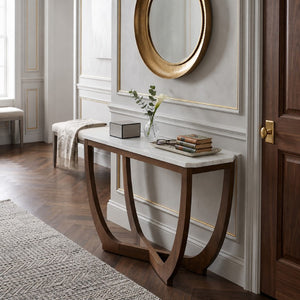 JLA Home Calvedra Sculptural Console Table with Stone-Look Surface and Curved Walnut Legs NM120-0035