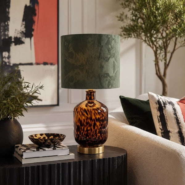 JLA Home Roux Hand-Painted Leopard Glass Table Lamp with Black Drum Shade for Glam Decor Leopard Print/ Green 8 W x 8 L x 16.5 H NM153-0001