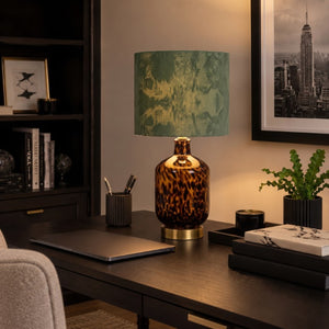 JLA Home Roux Hand-Painted Leopard Glass Table Lamp with Black Drum Shade for Glam Decor Leopard Print/ Green 8 W x 8 L x 16.5 H NM153-0001