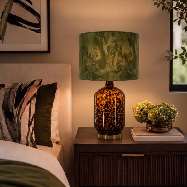 JLA Home Roux Hand-Painted Leopard Glass Table Lamp with Black Drum Shade for Glam Decor Leopard Print/ Green 16 W x 16 L x 27 H NM153-0002