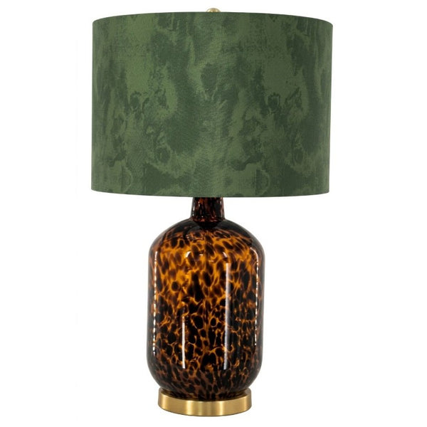 JLA Home Roux Hand-Painted Leopard Glass Table Lamp with Black Drum Shade for Glam Decor Leopard Print/ Green 16 W x 16 L x 27 H NM153-0002