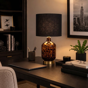 JLA Home Roux Hand-Painted Leopard Glass Table Lamp with Black Drum Shade for Glam Decor Leopard Print/ Black 8 W x 8 L x 16.5 H NM153-0021