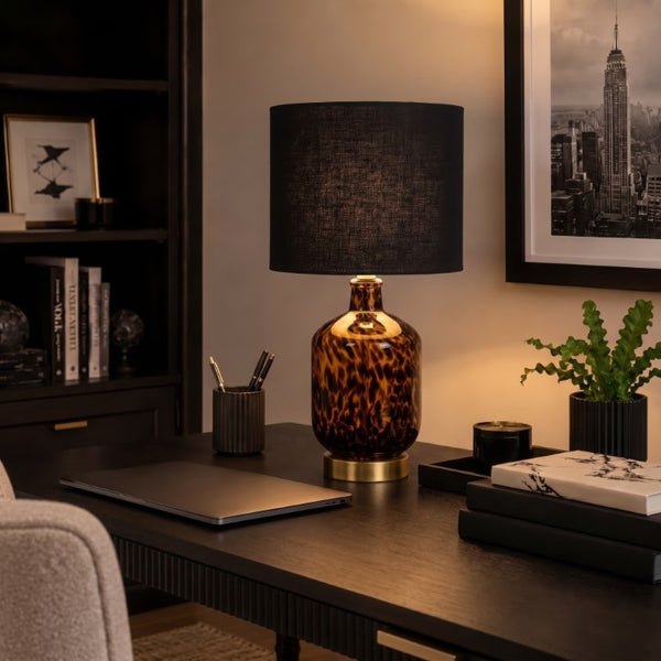 JLA Home Roux Hand-Painted Leopard Glass Table Lamp with Black Drum Shade for Glam Decor Leopard Print/ Black 8 W x 8 L x 16.5 H NM153-0021