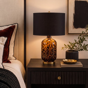 JLA Home Roux Hand-Painted Leopard Glass Table Lamp with Black Drum Shade for Glam Decor Leopard Print/ Black 16 W x 16 L x 27 H NM153-0022