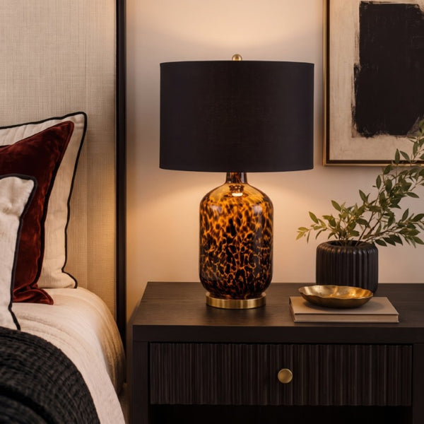 JLA Home Roux Hand-Painted Leopard Glass Table Lamp with Black Drum Shade for Glam Decor Leopard Print/ Black 16 W x 16 L x 27 H NM153-0022