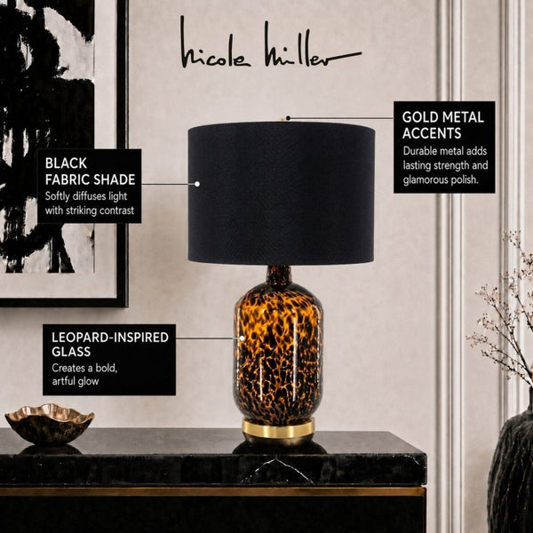 JLA Home Roux Hand-Painted Leopard Glass Table Lamp with Black Drum Shade for Glam Decor Leopard Print/ Black 16 W x 16 L x 27 H NM153-0022