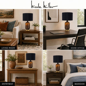 JLA Home Roux Hand-Painted Leopard Glass Table Lamp with Black Drum Shade for Glam Decor Leopard Print/ Black 16 W x 16 L x 27 H NM153-0022