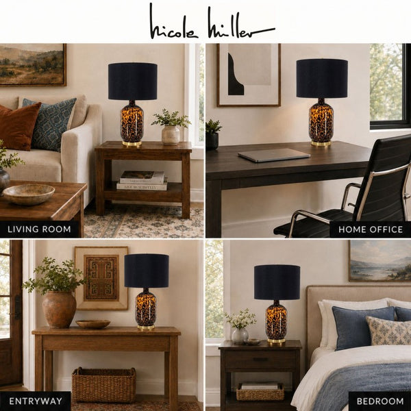 JLA Home Roux Hand-Painted Leopard Glass Table Lamp with Black Drum Shade for Glam Decor Leopard Print/ Black 16 W x 16 L x 27 H NM153-0022