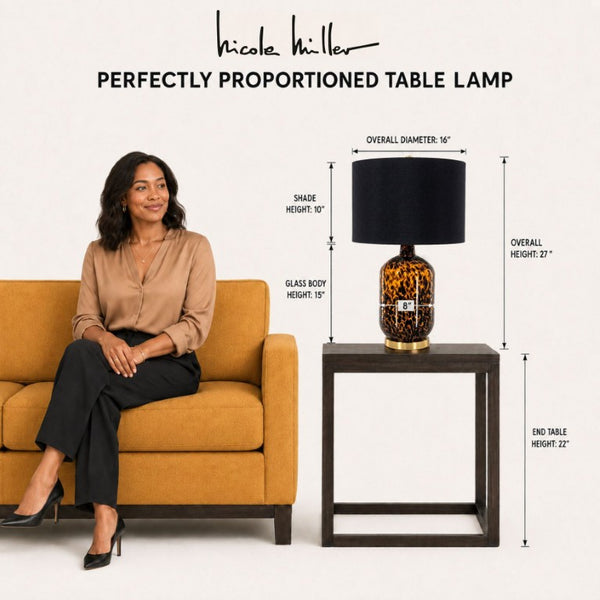 JLA Home Roux Hand-Painted Leopard Glass Table Lamp with Black Drum Shade for Glam Decor Leopard Print/ Black 16 W x 16 L x 27 H NM153-0022