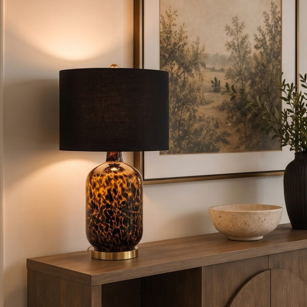 JLA Home Roux Hand-Painted Leopard Glass Table Lamp with Black Drum Shade for Glam Decor Leopard Print/ Black 16 W x 16 L x 27 H NM153-0022