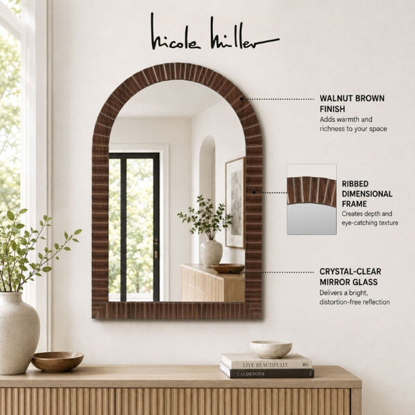 JLA Home Simone Arched Fluted MDF Wall Mirror with Walnut Frame for Entryway or Bedroom NM95F-0001