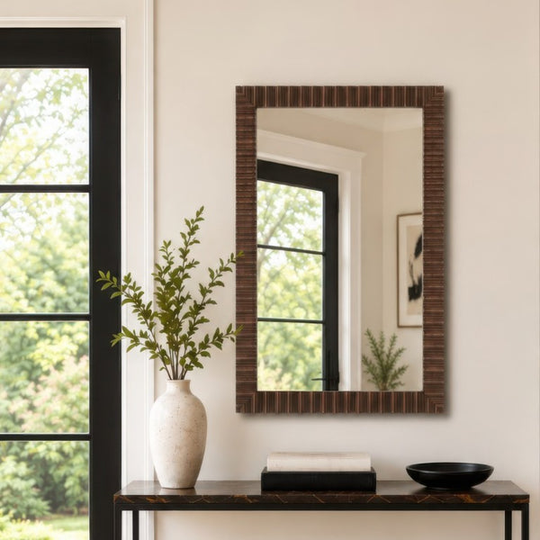 JLA Home Simone Fluted MDF Rectangular Wall Mirror with Walnut Brown Frame for Any Room NM95F-0002