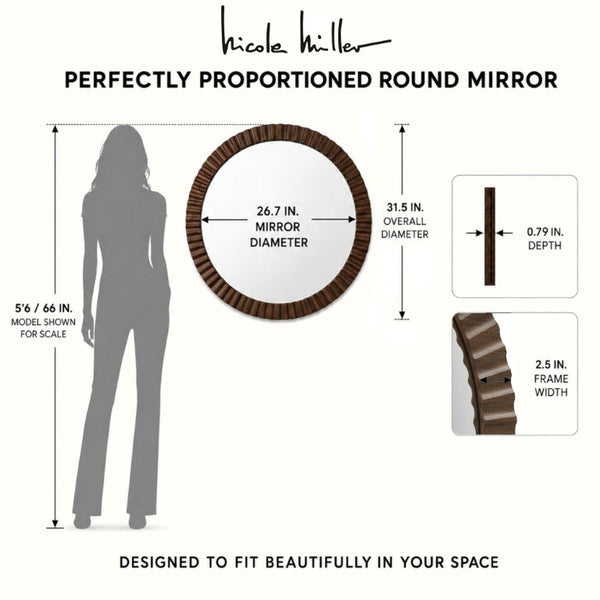JLA Home Simone Round Fluted MDF Wall Mirror with Walnut Finish for Bedroom or Bath NM95F-0003