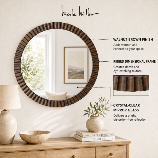 JLA Home Simone Round Fluted MDF Wall Mirror with Walnut Finish for Bedroom or Bath NM95F-0003